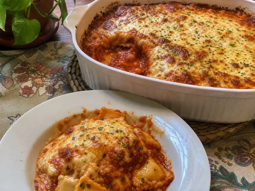 Canned Ravioli Bake — plated and served