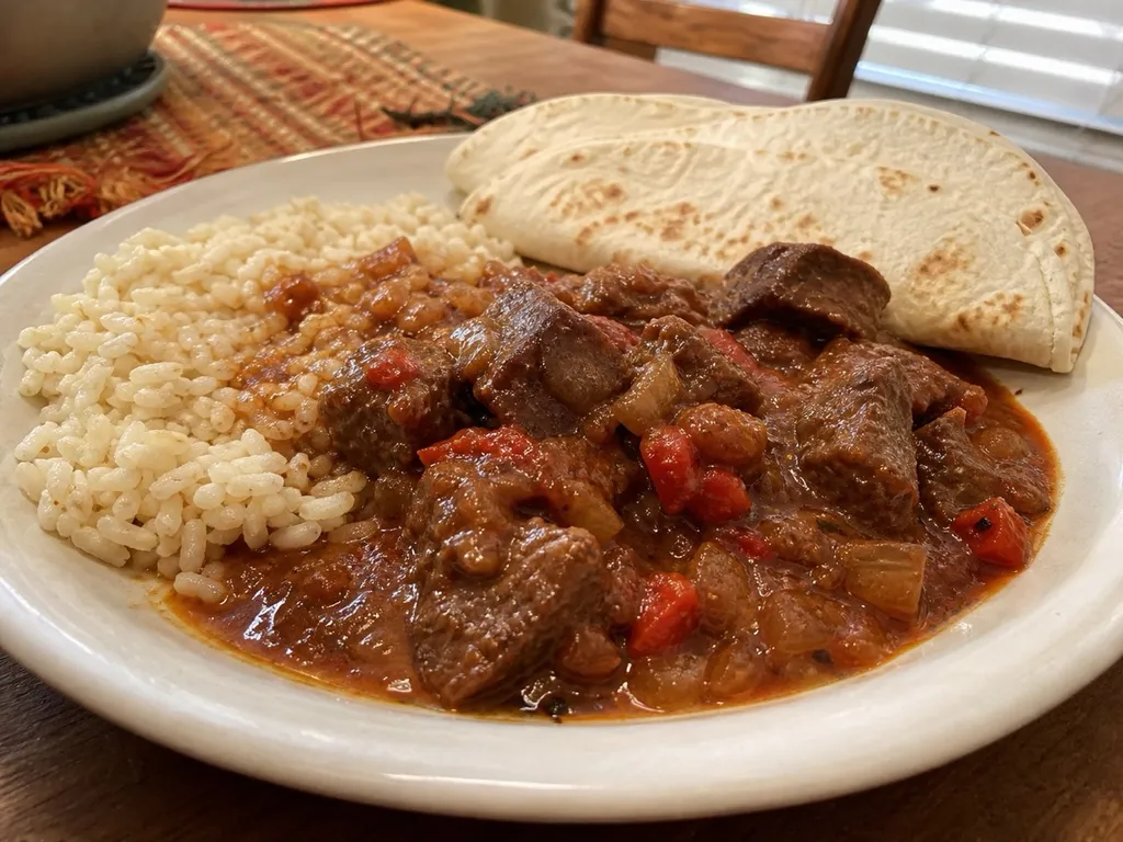 Carne Guisada — plated and served