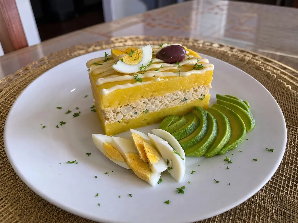 Causa Limeña (Layered Potato Terrine with Chicken) — plated and served