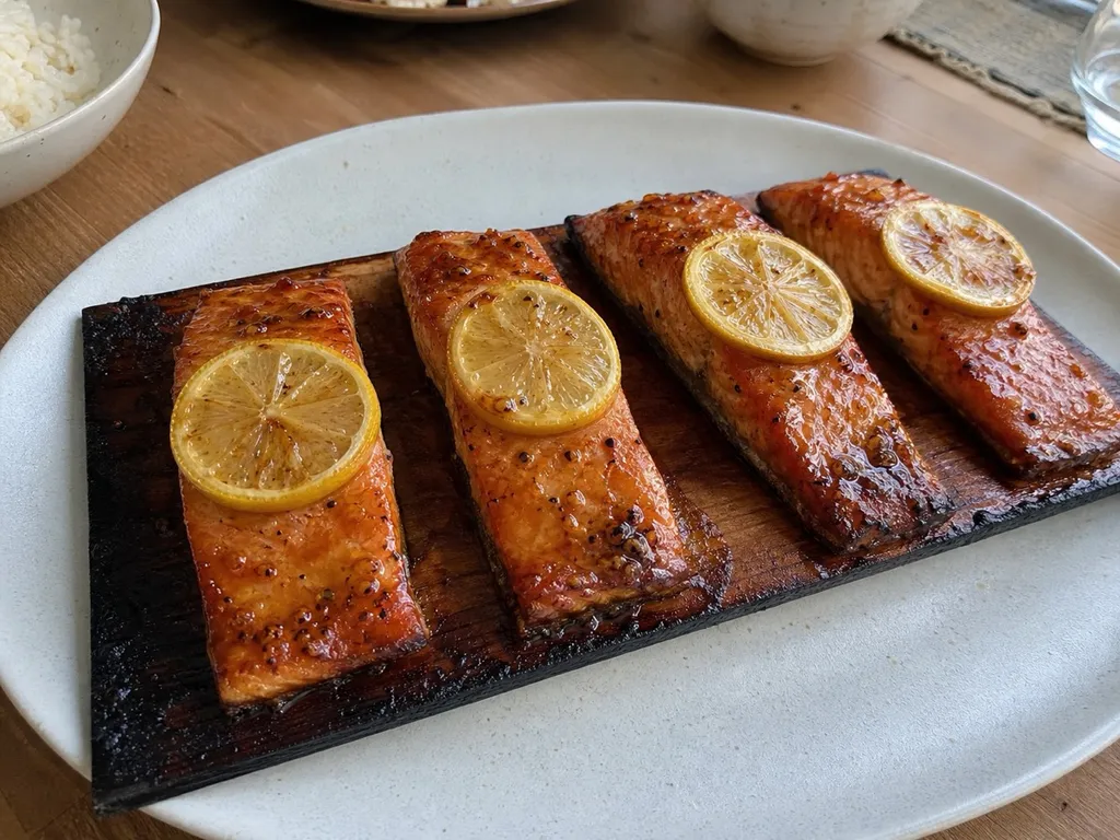 Cedar Plank Grilled Salmon — plated and served