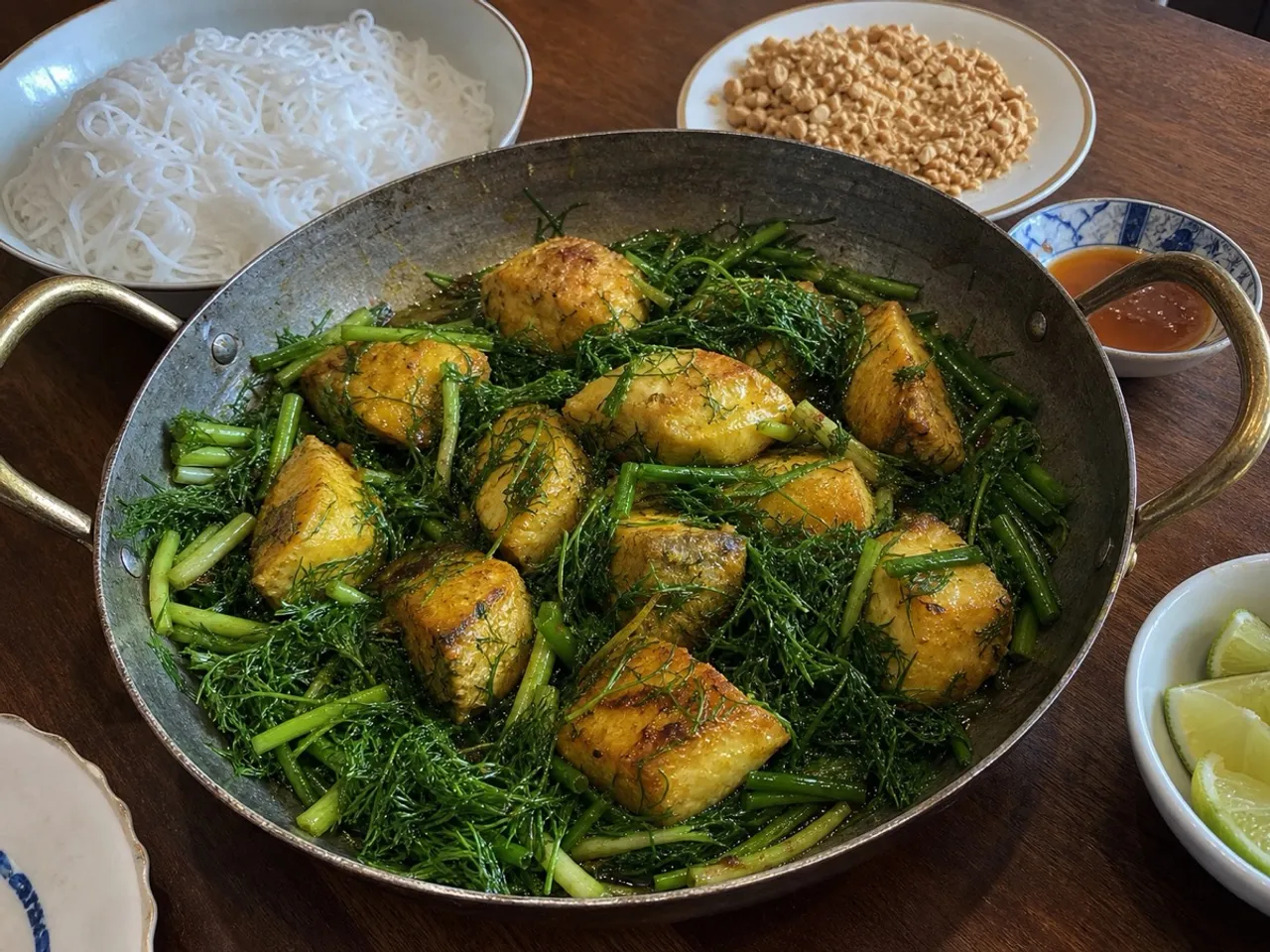 Chả Cá Lã Vọng (Hanoi Turmeric Fish with Dill) — served