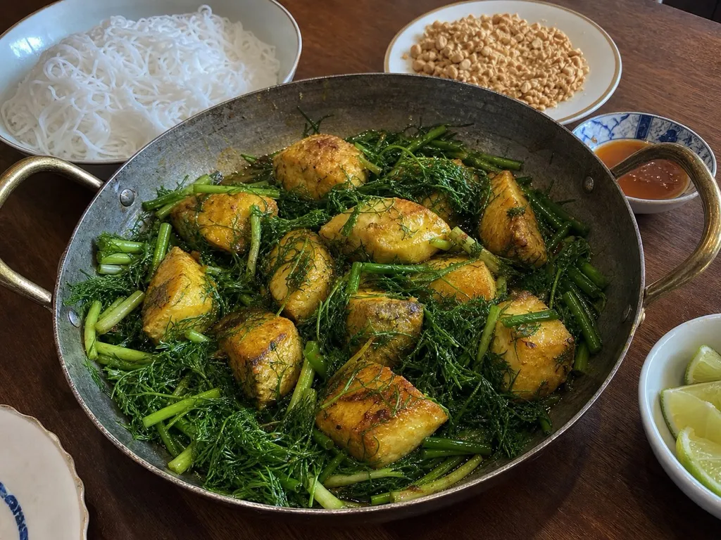 Chả Cá Lã Vọng (Hanoi Turmeric Fish with Dill) — plated and served