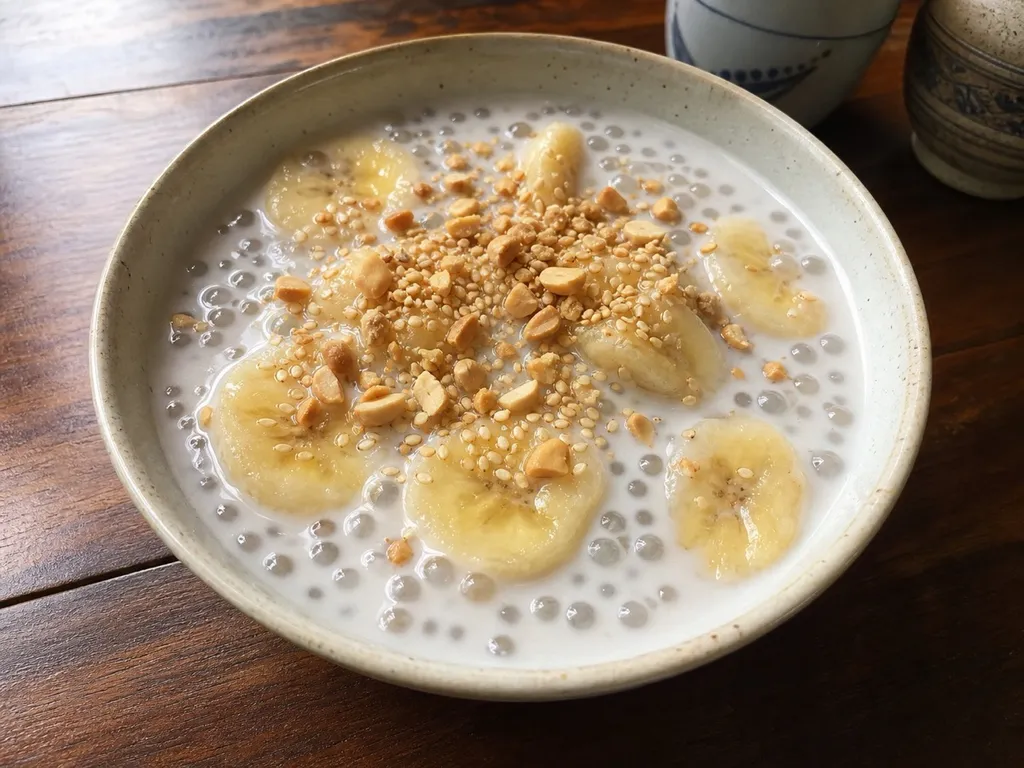 Chè Chuối (Banana, Coconut and Tapioca Dessert) — plated and served
