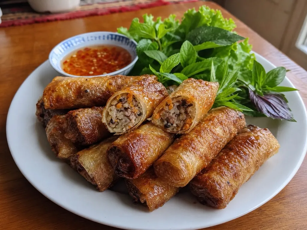 Chả Giò (Fried Spring Rolls) — plated and served