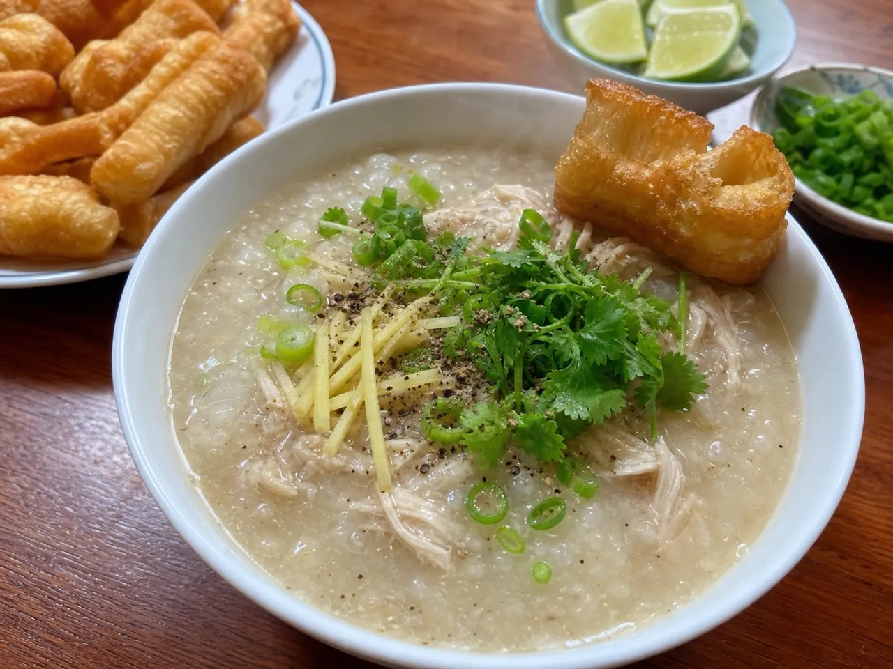 Cháo Gà (Chicken Rice Porridge) — served