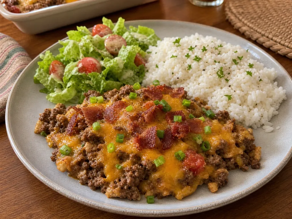Cheeseburger Casserole — plated and served