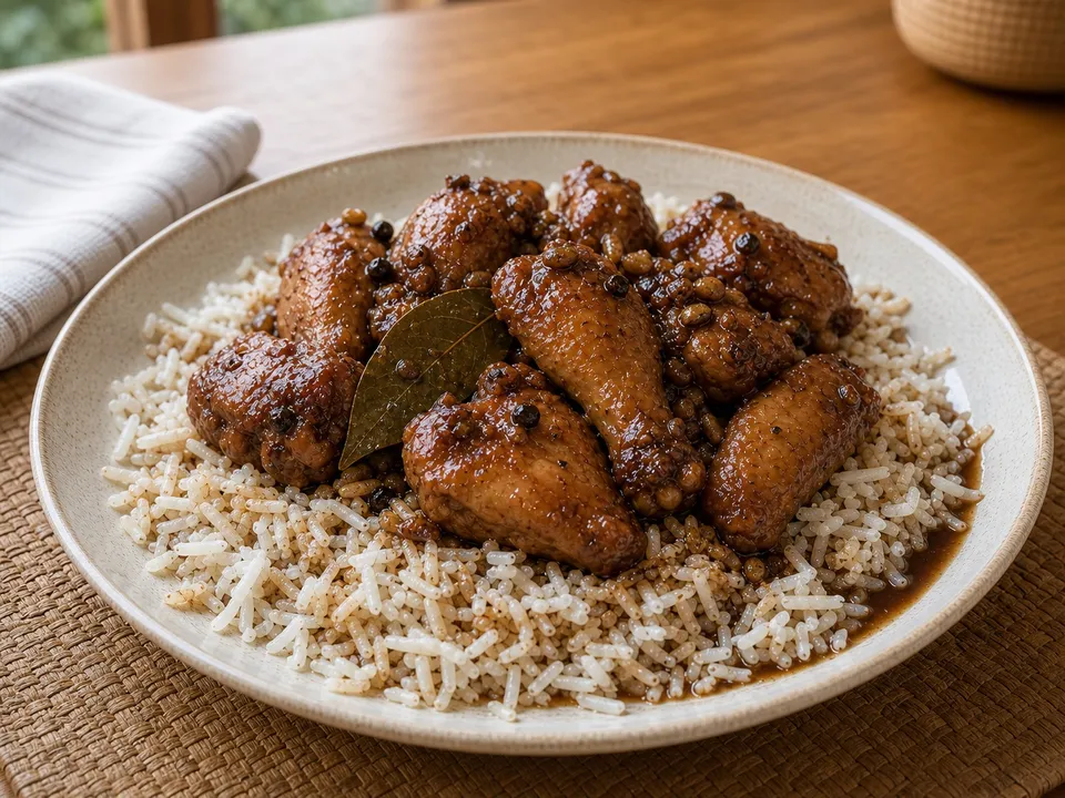 Chicken Adobo served over thin broken rice with dark soy-vinegar sauce, garlic bits, peppercorns, and a bay leaf.