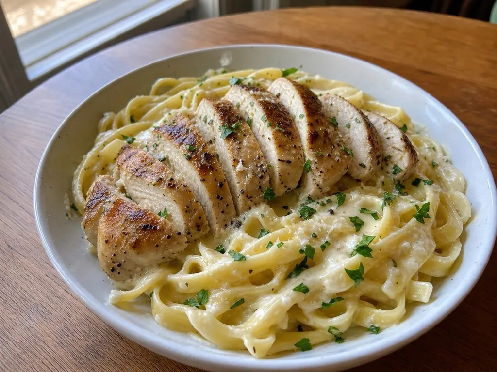 Chicken Alfredo — plated and served