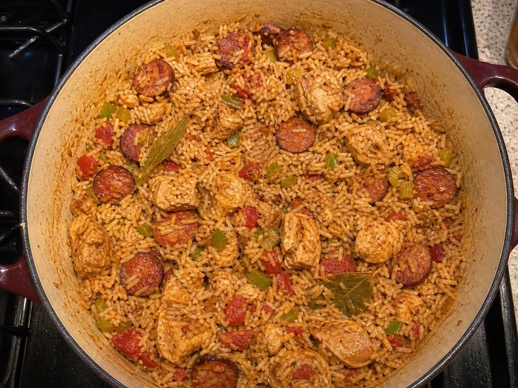 Chicken and Andouille Jambalaya — plated and served