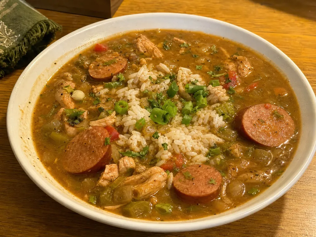 Chicken and Sausage Gumbo — plated and served
