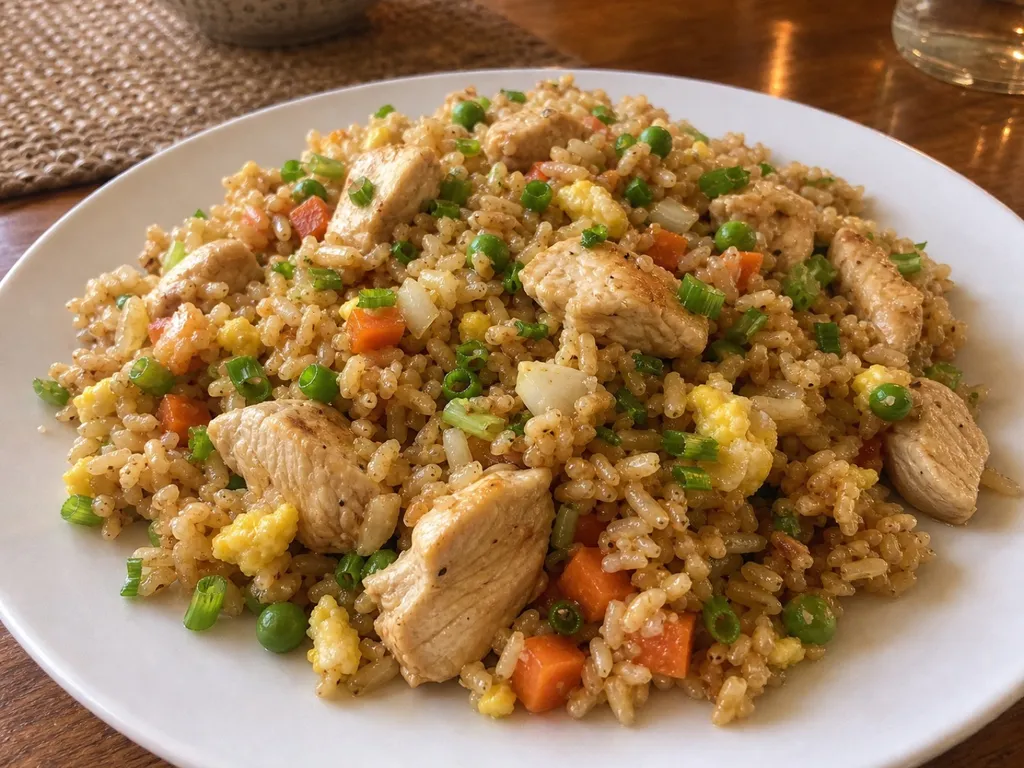 Chicken Fried Brown Rice — plated and served