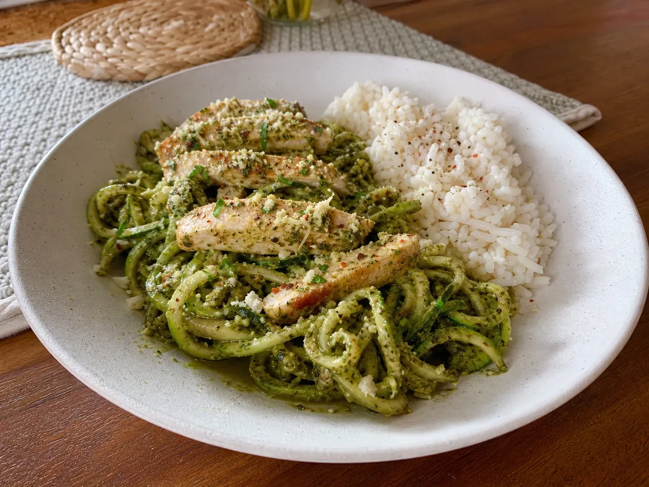 Chicken Pesto Zoodles — served