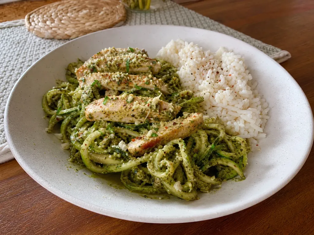 Chicken Pesto Zoodles — plated and served