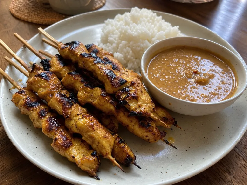 Chicken Satay with Peanut Sauce — plated and served
