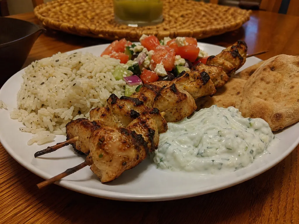 Chicken Souvlaki with Tzatziki — plated and served