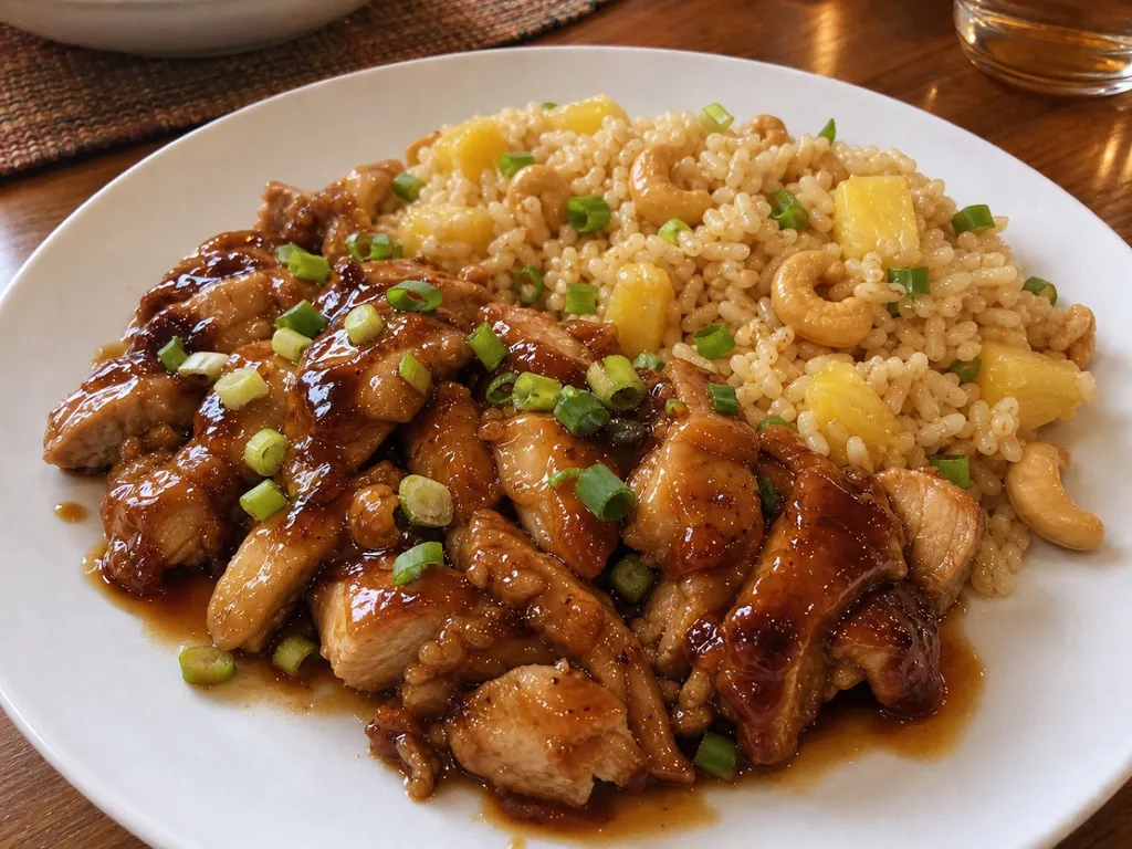 Chicken Teriyaki with Cashew Pineapple Rice — plated and served