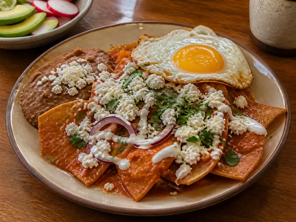 Chilaquiles Rojos — plated and served