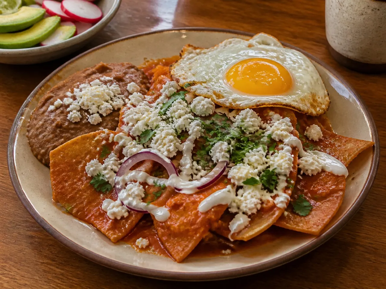 Chilaquiles Rojos — served