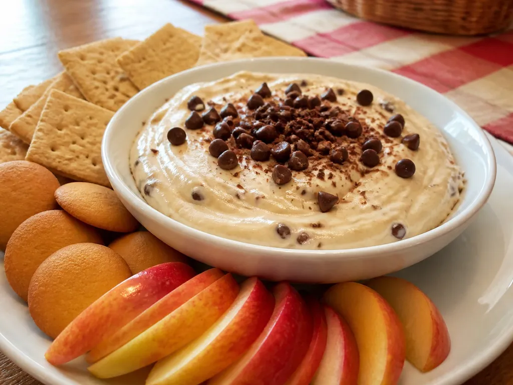Chocolate Chip Cheesecake Dip — plated and served