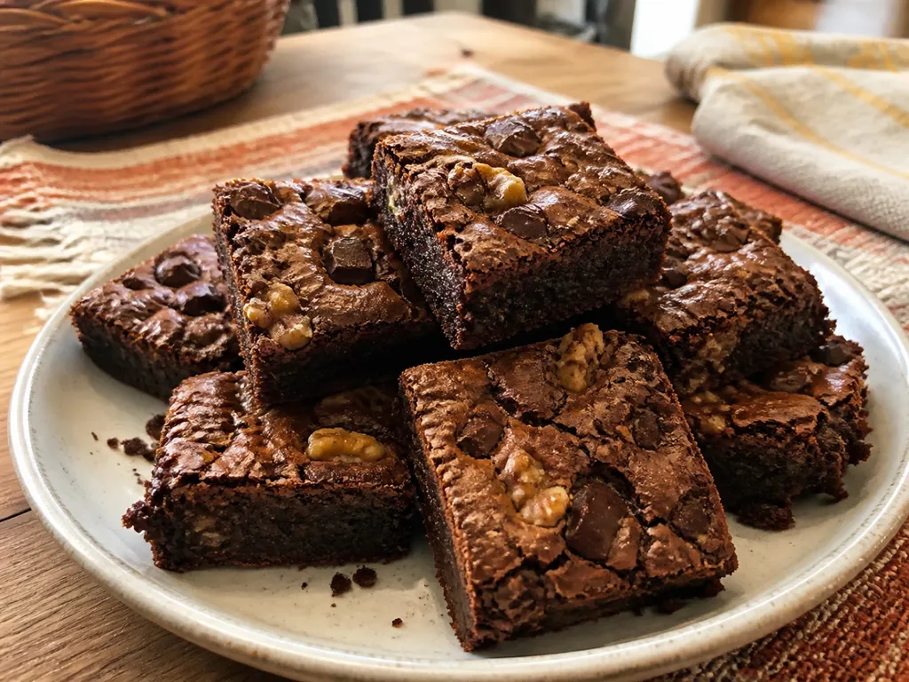 Chocolate Chunk and Walnut Brownies — plated and served
