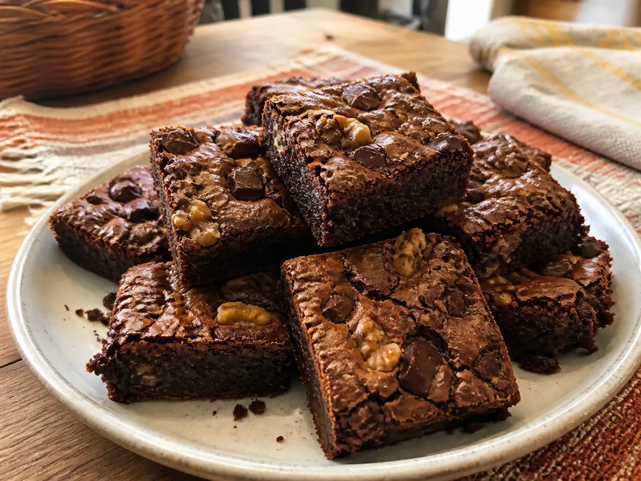 Chocolate Chunk and Walnut Brownies — served