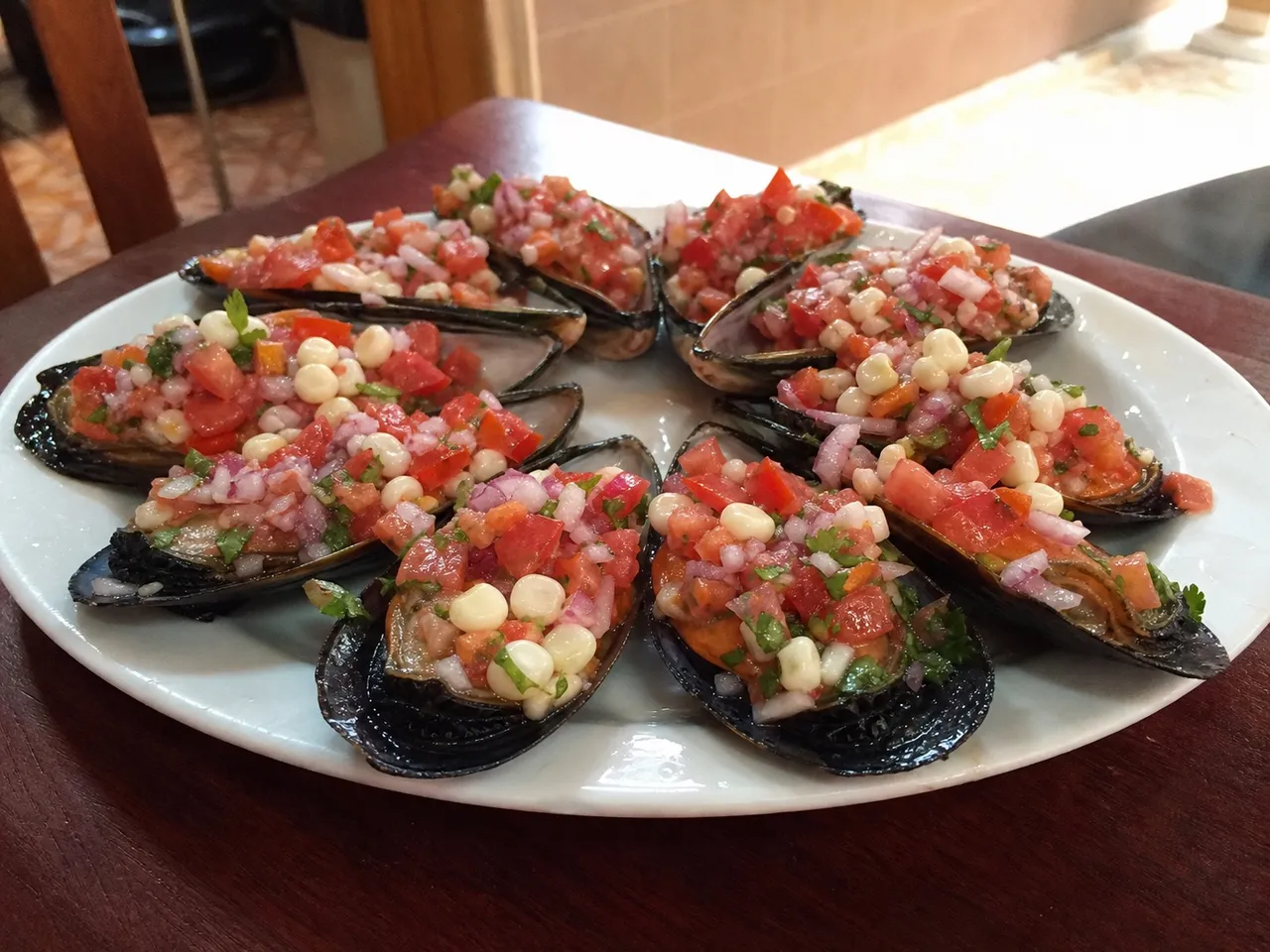 Choritos a la Chalaca (Mussels with Peruvian Salsa) — served
