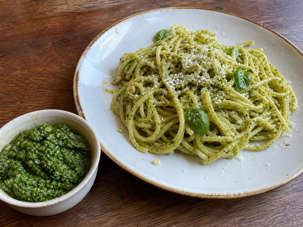 Classic Basil Pesto — plated and served
