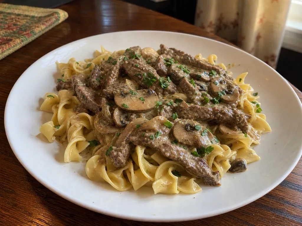 Classic Beef Stroganoff — plated and served