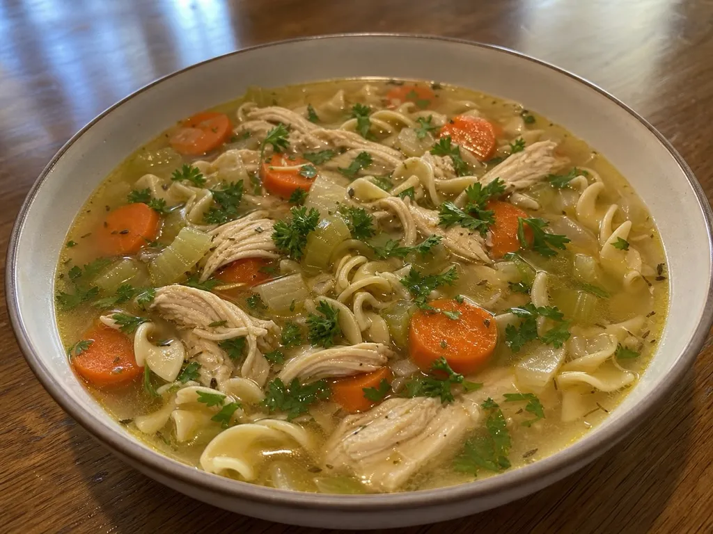 Classic Chicken Noodle Soup — plated and served