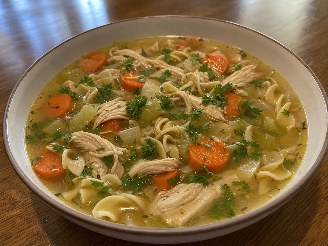 Classic Chicken Noodle Soup — served
