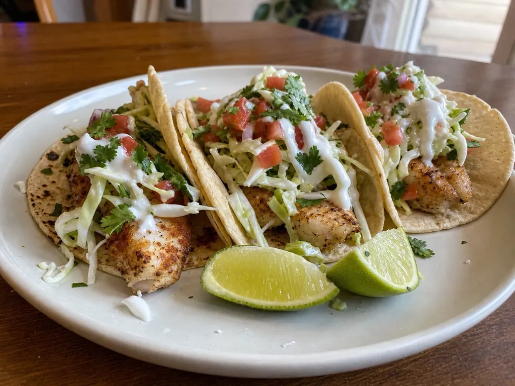 Classic Fish Tacos with Cabbage Slaw — plated and served