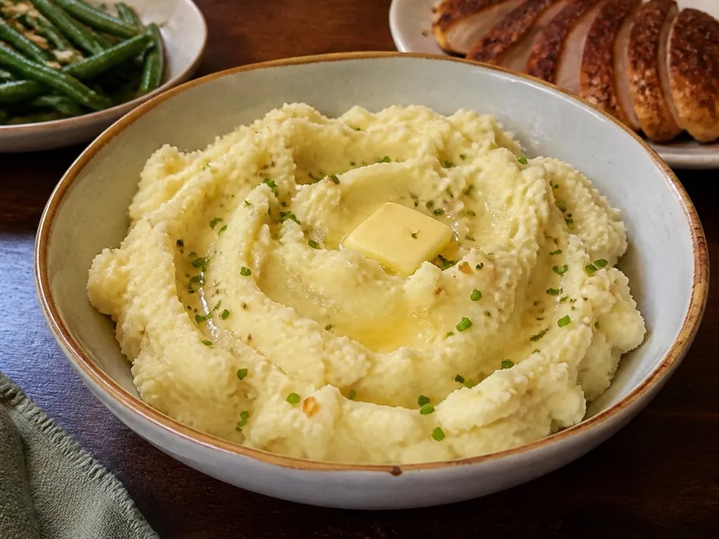 Classic Garlic Mashed Potatoes — plated and served