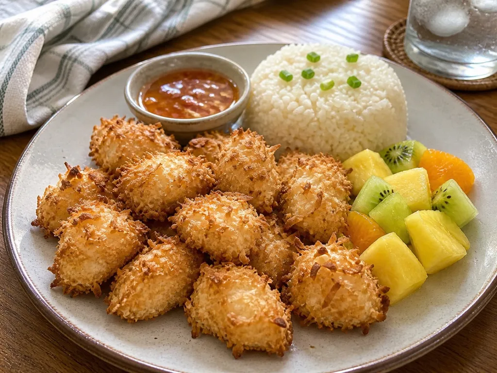 Coconut Chicken Bites — plated and served