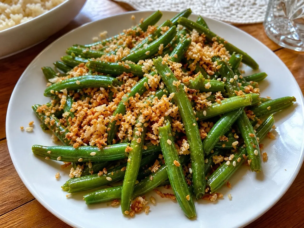 Coconut Crunch Green Beans — served