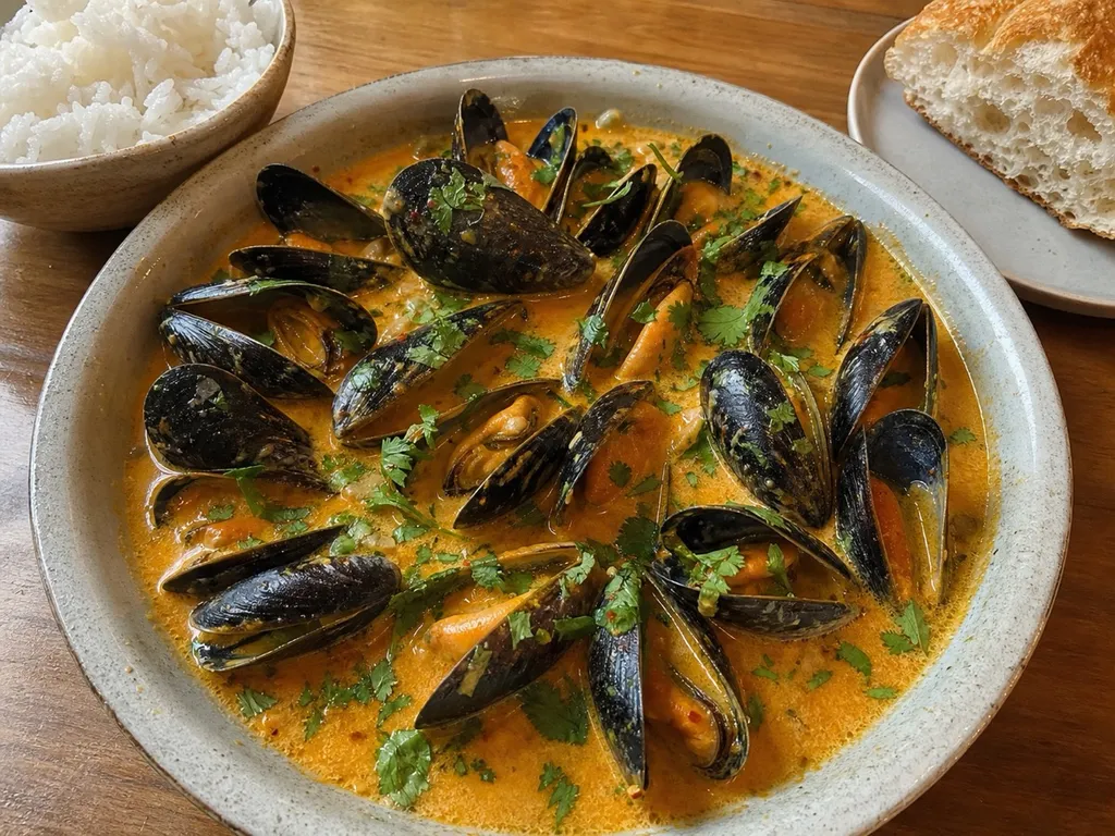 Coconut Curry Mussels — plated and served