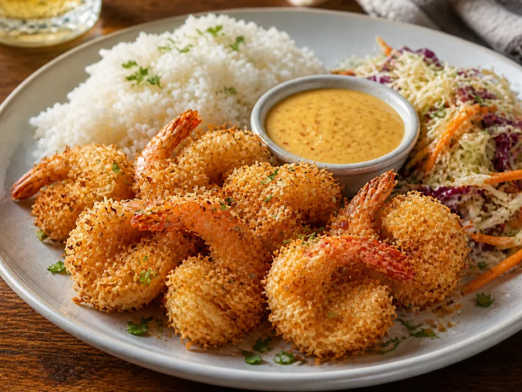 Coconut Shrimp With Orange Mustard Sauce — plated and served