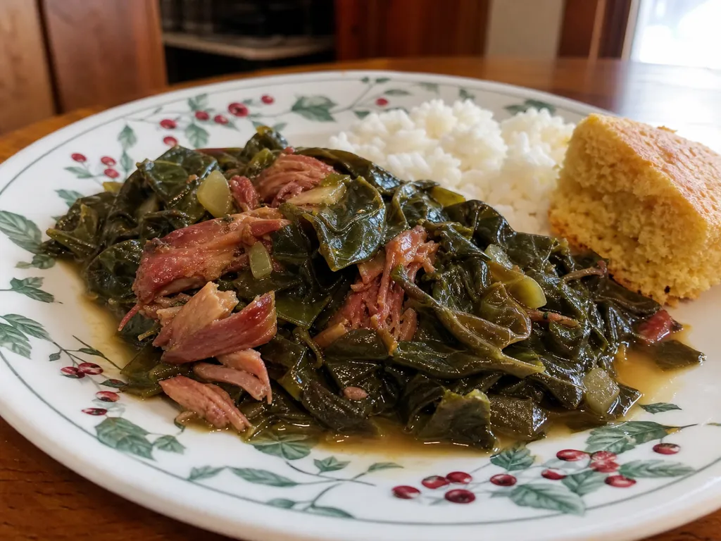 Collard Greens with Smoked Turkey — plated and served