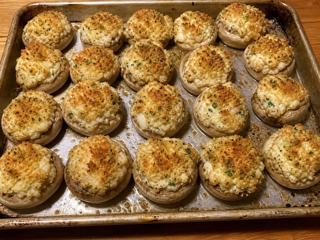 Crab-Stuffed Mushrooms — plated and served