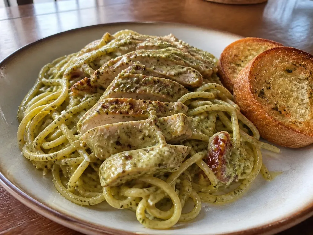 Creamy Basil Pesto Chicken Pasta — plated and served