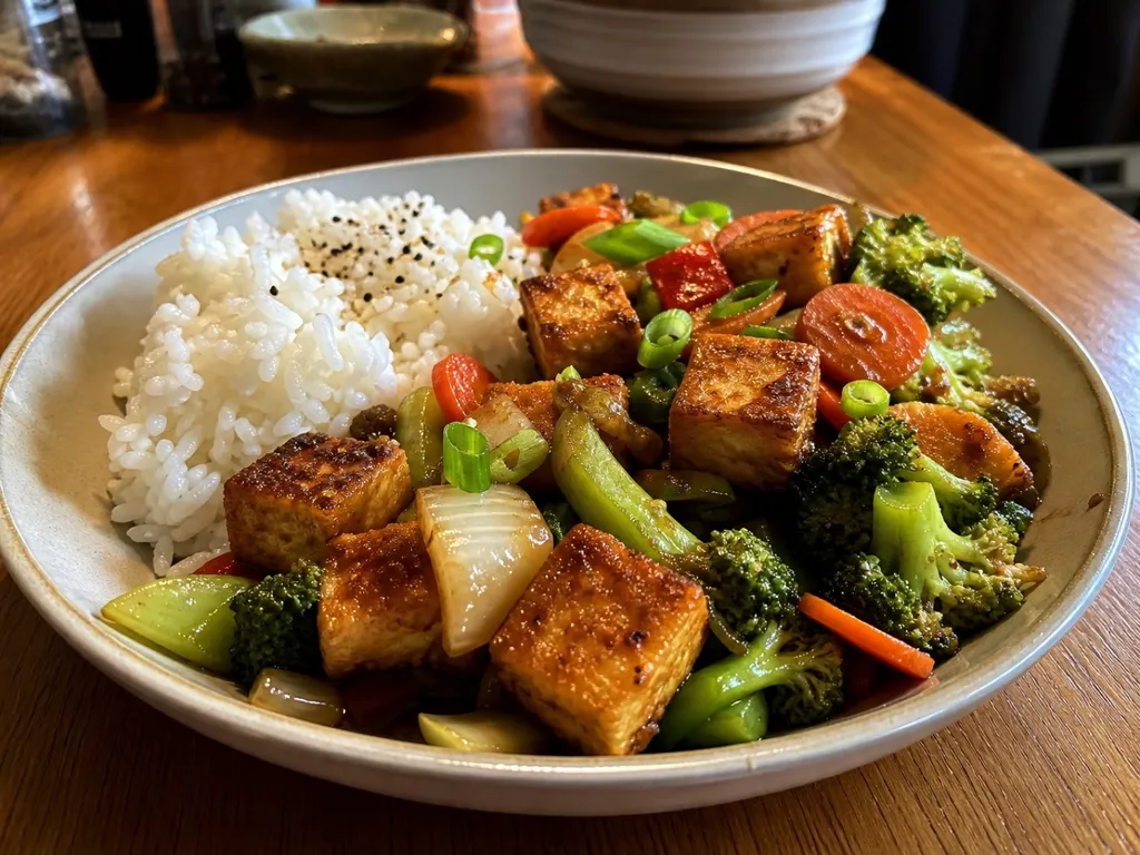 Crispy Tofu and Vegetable Stir-Fry — plated and served