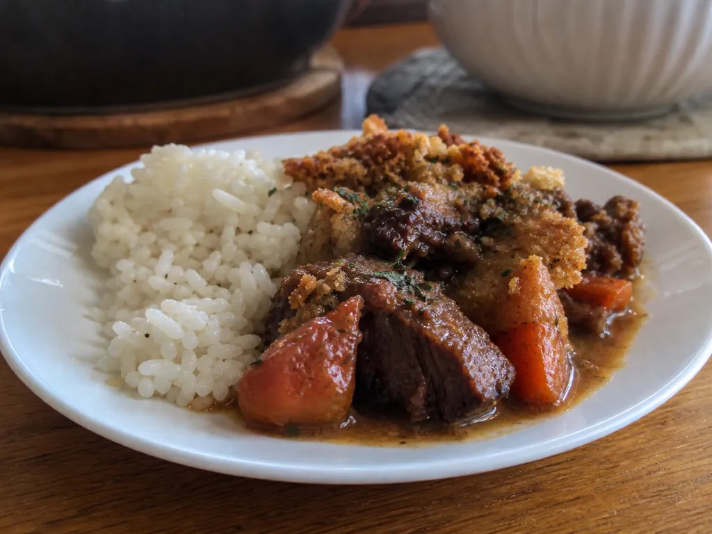 Crusty Beef Casserole — plated and served