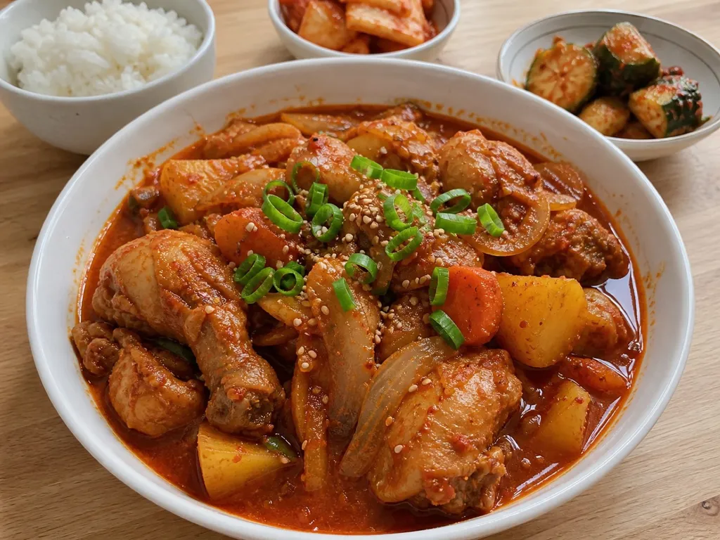 Dak-bokkeum-tang (Spicy Braised Chicken) — plated and served