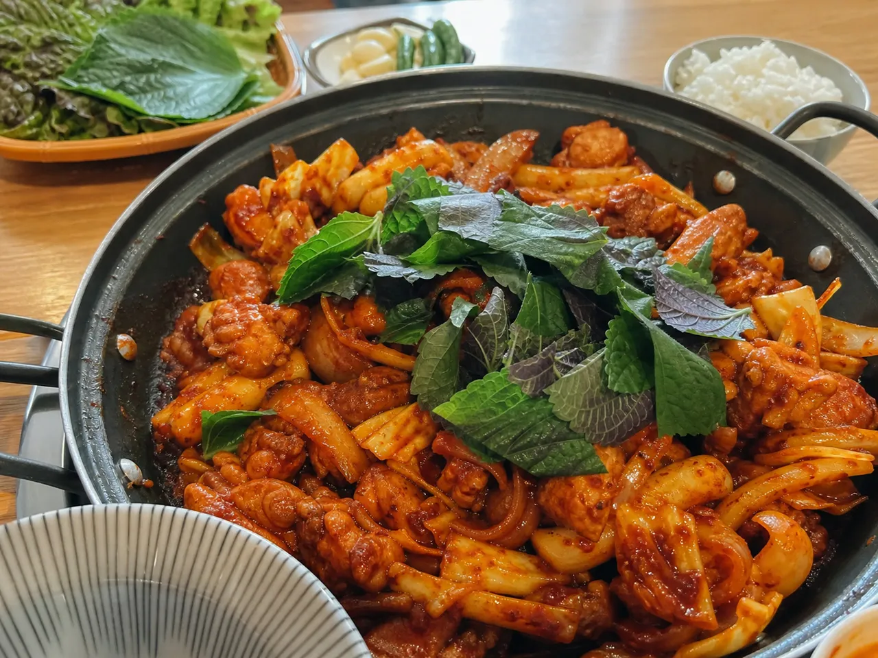 Dakgalbi (Spicy Stir-fried Chicken) — served