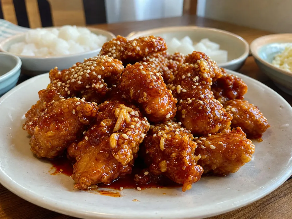 Dakgangjeong (Sweet Crispy Fried Chicken) — plated and served