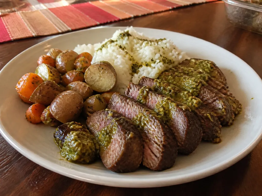 Dijon Pesto Steak — plated and served