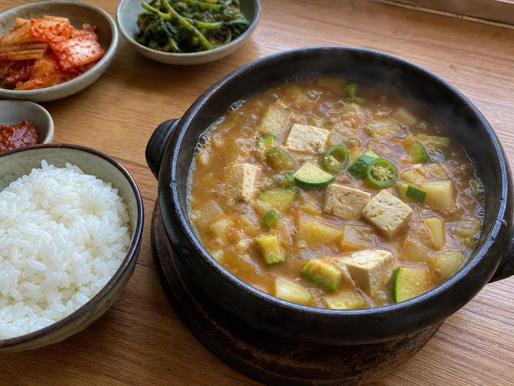 Doenjang Jjigae (Soybean Paste Stew) — plated and served