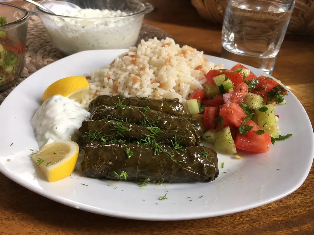 Dolmas (Stuffed Grape Leaves) — plated and served