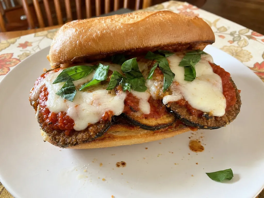 Eggplant Parmesan Sandwich — plated and served
