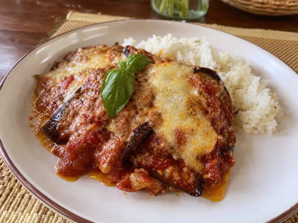 Eggplant Parmigiana (Melanzane alla Parmigiana) — plated and served