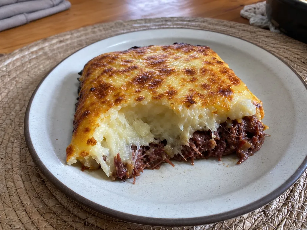 Escondidinho de Carne Seca (Shepherd's Pie with Dried Beef and Cassava) — plated and served